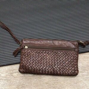 Margot Brown Woven Leather Clutch Wristlet Bag